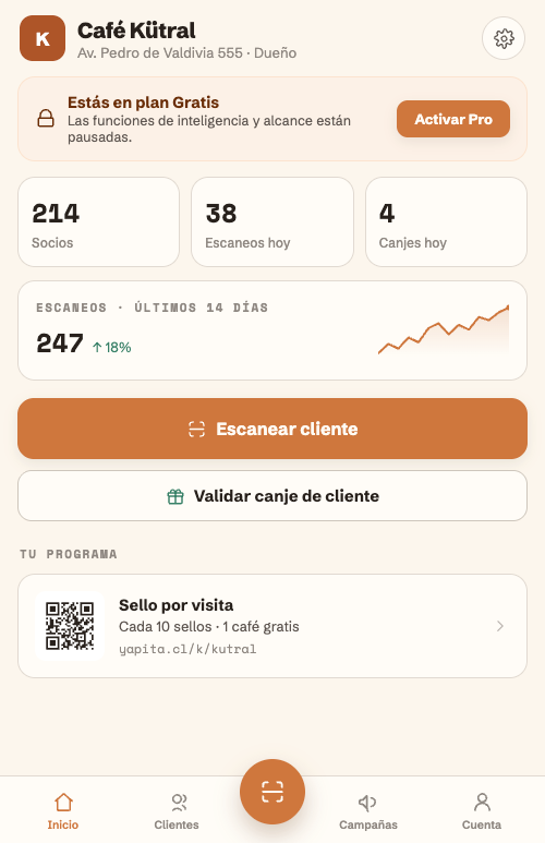 Consola del comercio en Yapita: socios, escaneos del día, canjes, la tendencia de los últimos 14 días y el programa de sellos del local.